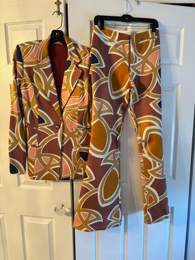Alexis Brown Geometric Print Flare Pants & Blazer Set